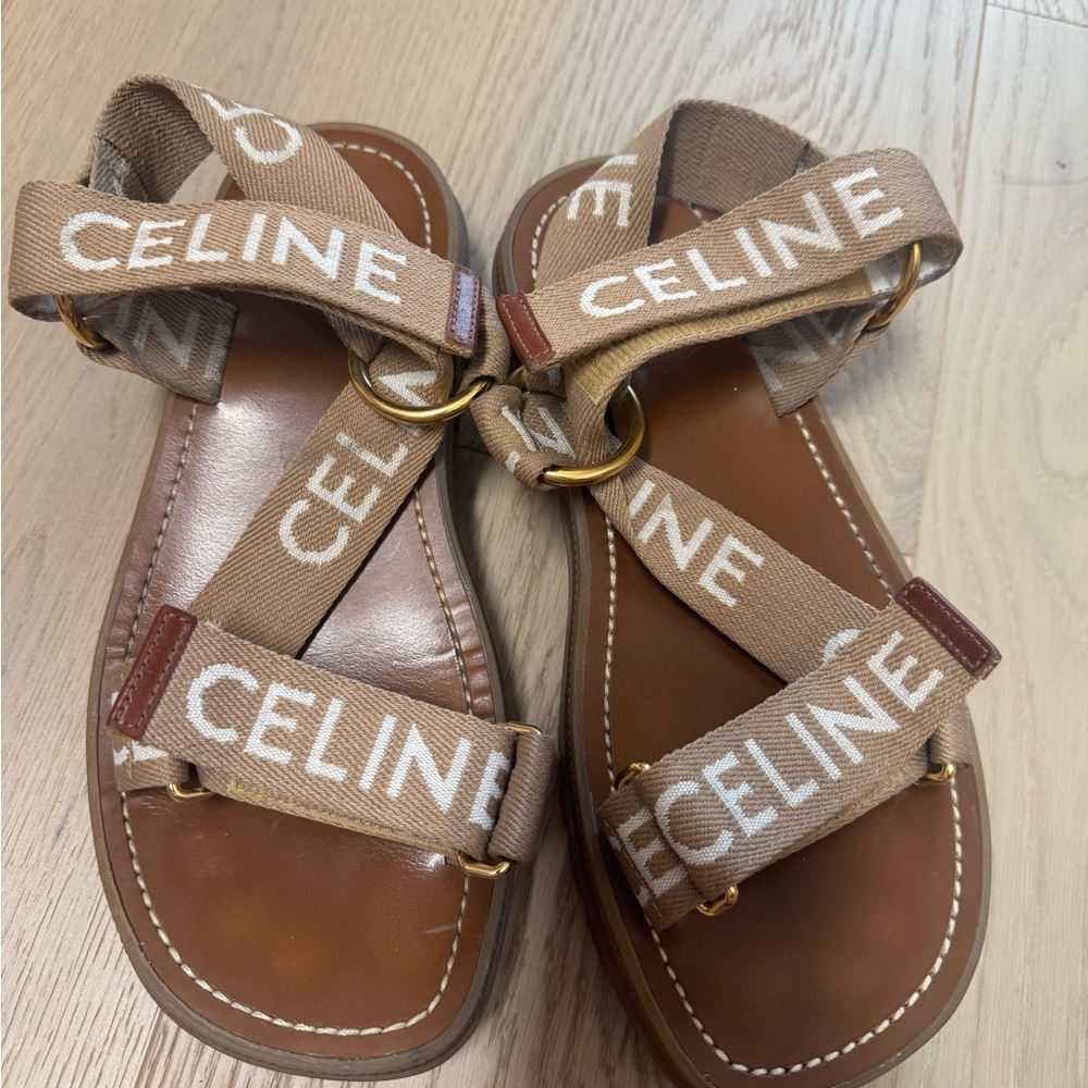 Celine Beige Sandals with Gold Accents
